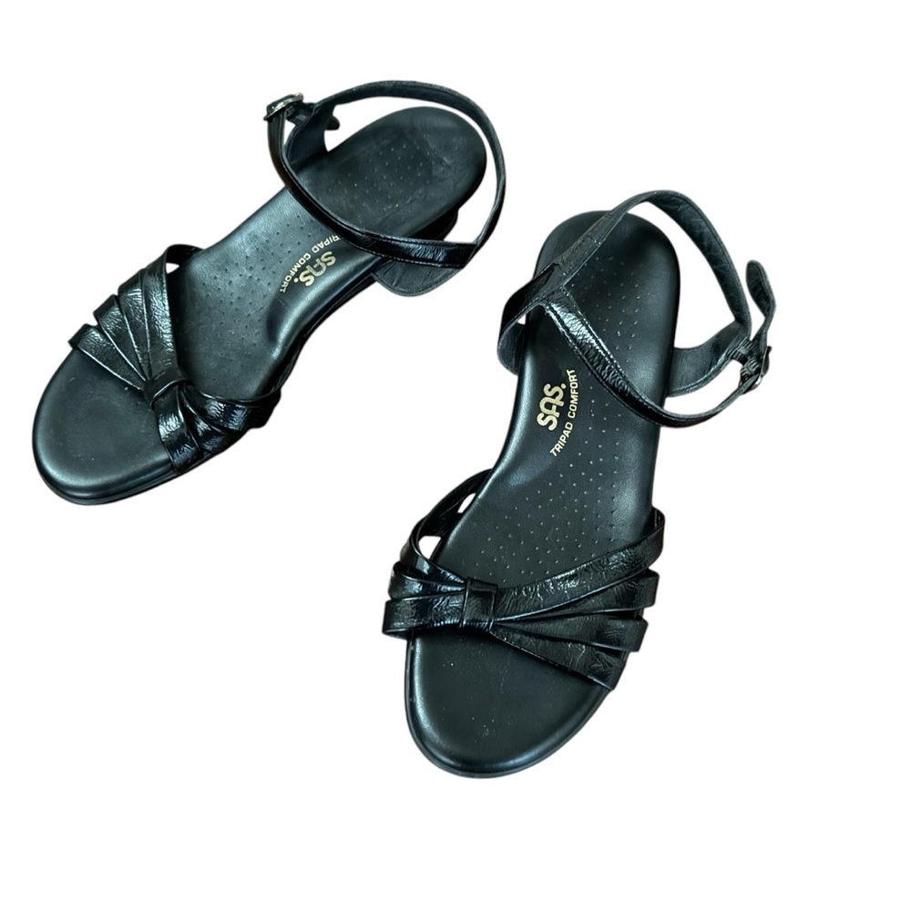 SAS Tripad Strippy Strappy Black Patent Leather Wedge Sandals Women 8.5 WW Shoe